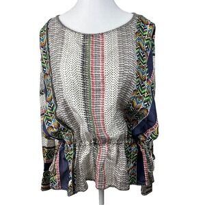 Johnny Was Top Womens Medium Tribal Aztec Print Pullover Silk Tassel Ties Blouse